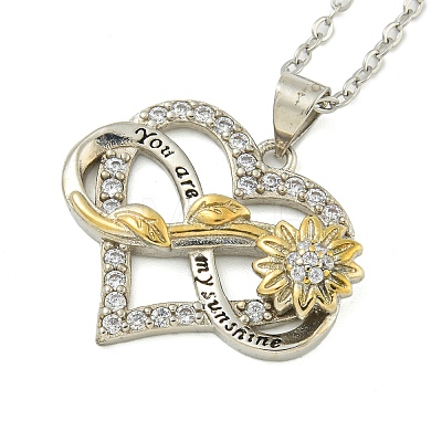 Brass Micro Pave Clear Cubic Zirconia Infinity Heart with Sunflower Pendant Necklaces for Women NJEW-G146-01P-1