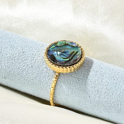 Flat Round 304 Stainless Steel Paua Shell Cuff Rings for Women X-RJEW-G346-10G-01-1