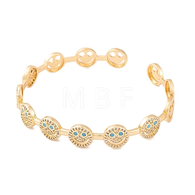 Brass Micro Pave Clear Cubic Zirconia Smiling Face Open Cuff Bangles for Women BJEW-S147-24G-1