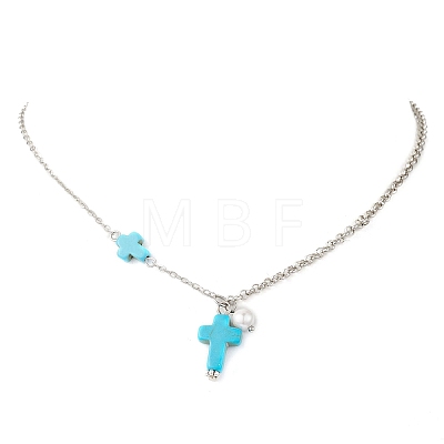 Synthetic Dyed Synthetic Turquoise Cross and Round Shell Pearl Pendant Brass Cable Chain Rolo Chain Necklaces for Women NJEW-JN05793-1