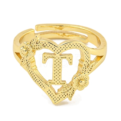 Heart with Letter & Flower Rack Plating Brass Adjustable Rings for Women RJEW-I105-05G-T-1