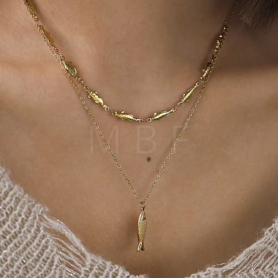 Summer Beach 304 Stainless Steel Fish Pendant Double Layer Necklaces for Women WG2FA6C-01-1