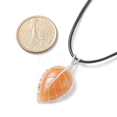 Natural Red Aventurine Leaf Cage Pendant Necklace with Waxed Cords NJEW-TA00035-01-1