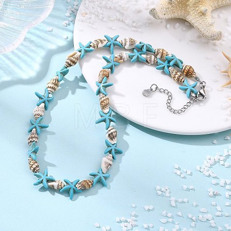 Ocean Natural Spiral Shell & Dyed Synthetic Turquoise Starfish Beaded Necklaces NJEW-JN06305-1