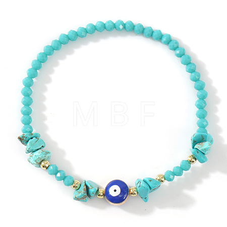 Synthetic Turquoise Chip & Brass Evil Eye & Glass Beaded Stretch Bracelets for Daily Wear PI9480-7-1
