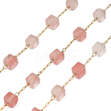 Handmade 304 Stainless Steel Cherry Quartz Glass Beads Cube Link Chains CHS-B011-02G-03-1