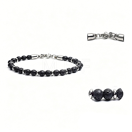 Natural Lava Rock Round Beaded Bracelets with 304 Stainless Steel Clasps WG47F3F-04-1
