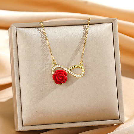 Brass Micro Pave Clear Cubic Zirconia & Plastic Red Rose Flower Inifity Pendant Necklaces for Women WGB6499-01-1