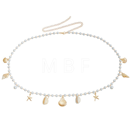 Natural Shell  and Iron Starfish Tassel Imitation Pearl Link Chain Waist Chains for Women AJEW-CP0011-35B-1