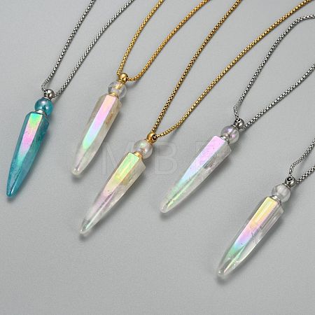 Electroplate Natural Quartz Crystal Perfume Bottle Pendant Necklaces NJEW-I239-01-1