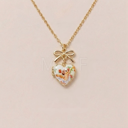 Brass Enamel Bowknot Angel Heart Photo Locket Pendant Necklaces for Women KK-CBAF5B9-03G-1