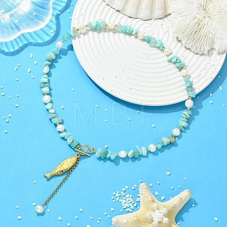 304 Stainless Steel Fish Pendant Natural Amazonite Chip and Pearl Beaded Necklaces for Women NJEW-JN06299-01-1