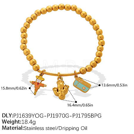 304 Stainless Steel Enamel Charm Round Beaded Stretch Bracelets for Women WGF740E-03-1