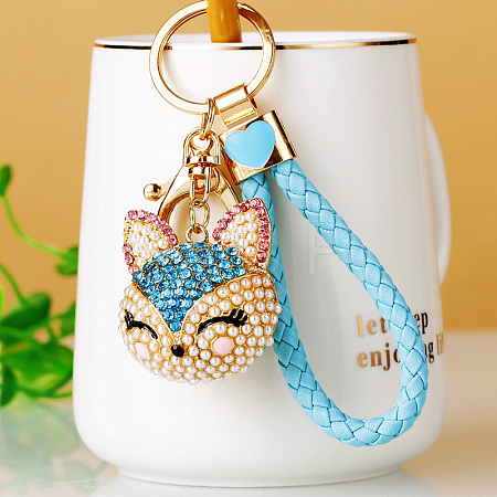 Full Rhinestone Pearl Fox Head Pendant Keychain WG98948-06-1