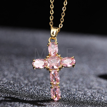 Cross Brass Pendant Necklaces with Rhinestone WG91502-03-1