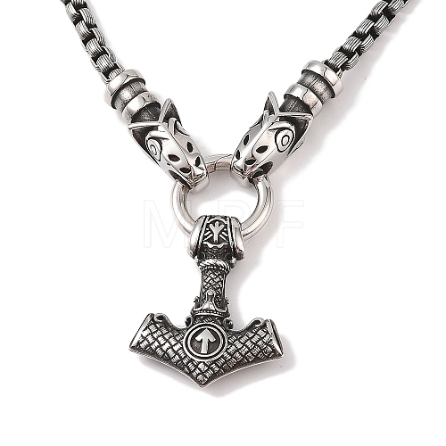 304 Stainless Steel Wolf Head King Box Chain Viking Mjolnir Thor Hammer Pendant Necklaces for Men NJEW-K278-01AS-1