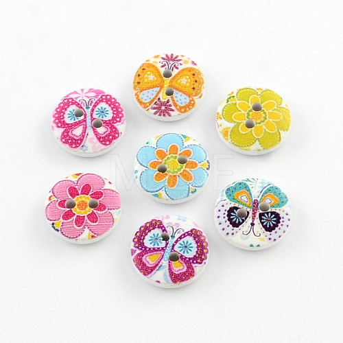 2-Hole Flower Pattern Printed Wooden Buttons BUTT-R033-021-1