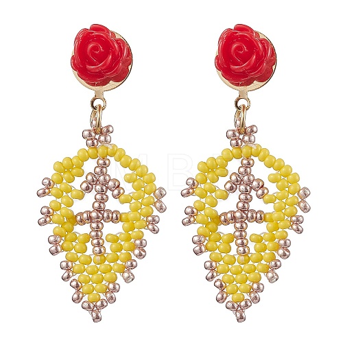 Rose with Leaf Seed Beads Stud Earrings EJEW-MZ00222-01-1