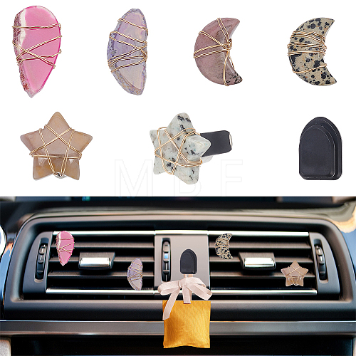 6Pcs 6 Style Teardrop Star Moon Natural Gemstone Air Vent Clips & 1Pc Resin Car Mini Hooks JEWB-AB00029-1