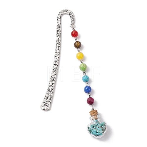 7 Chakra Gemstone Bead & Synthetic Turquoise Glass Heart Wishing Bottle Pendant Bookmarks AJEW-JK00313-04-1