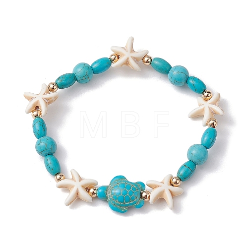 Turtle & Starfish Synthetic Turquoise Beaded Stretch Bracelet BJEW-JB09955-1