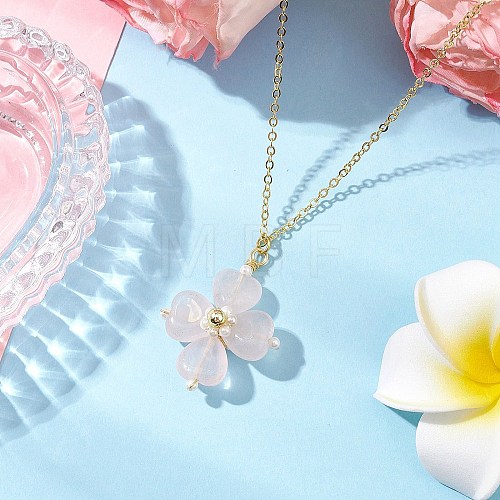 Natural Rose Quartz Clover Shamrock Pendant Necklaces NJEW-JN05170-04-1