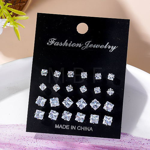 12 Pairs 6 Sizes Brass with Clear Cubic Zirconia Stud Earrings Sets PW-WG99341-04-1