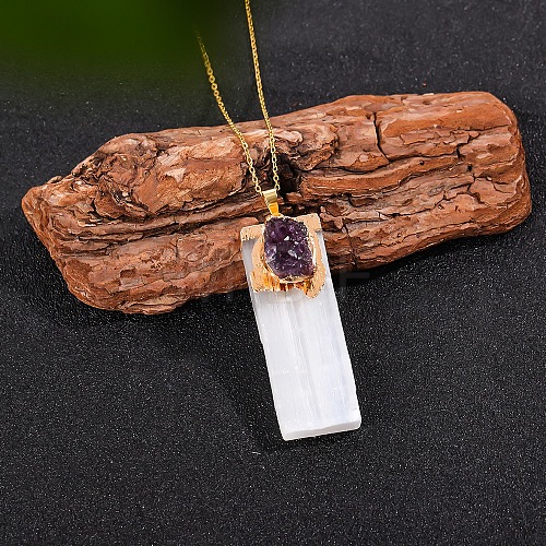 Natural Purple Druzy Agate & Selenite Rectangle Pendant Necklaces PW-WGF8248-08-1