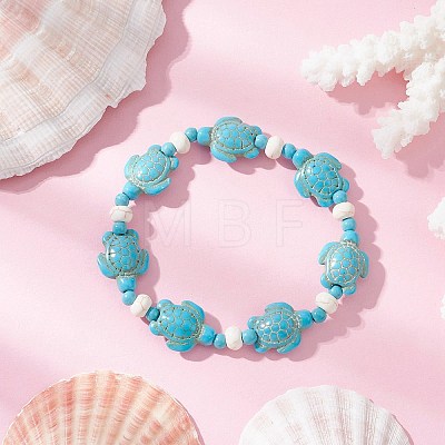 3Pcs Synthetic Turquoise & Natural Freshwater Shell Beads Stretch Bracelets for Women BJEW-JB12017-1