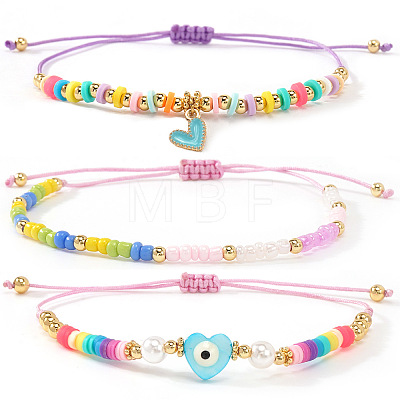3Pcs Glass Seed Bead & Resin & Brass Braided Bead Bracelets LW3639-4-1