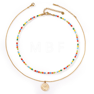 Boho Colorful Glass Seed Beaded Double Layer Necklaces with Stainless Steel Religion Saint Benedict Medal Pendant OL9548-1-1