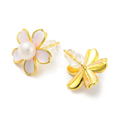 Brass Flower Stud Earrings with Natural Pearl EJEW-Z020-07G-1