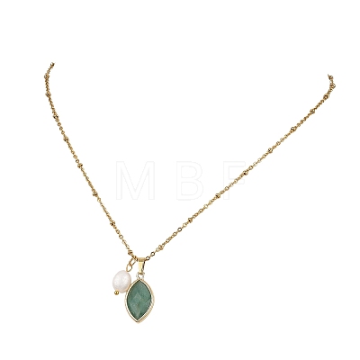 Rice Natural Pearl & Natural Green Fluorite Faceted Horse Eye Pendant 304 Stainless Steel Satellite Chain Necklaces for Women NJEW-JN06261-01-1