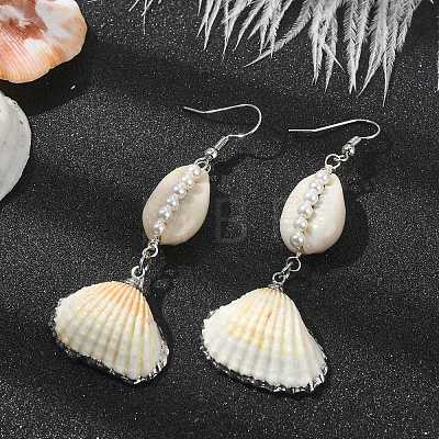 Shell Shape Natural Pearl & Shell Dangle Earrings for Women EJEW-TA00303-1