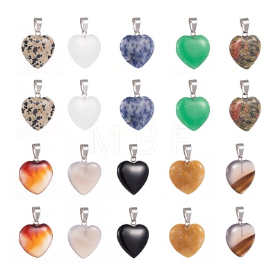 20Pcs 10 Style Heart Natural Gemstone Pendants G-LS0002-16-1