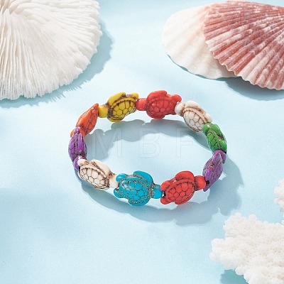 Dyed Synthetic Turquoise Tortoise Beaded Stretch Bracelet for Kids BJEW-JB09389-01-1