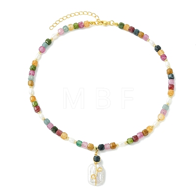 Natural Baroque Keshi Pearl Rectangle Pendant Natural Multicolor Tourmaline Faceted Cube Beaded Necklaces NJEW-JN06247-1