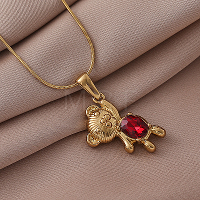 304 Stainless Steel with Red Glass Bear Pendant Necklaces for Women PA5495-1