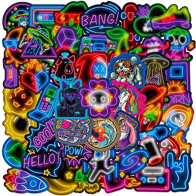 50Pcs 50 Styles Neon Theme 3D PVC Adhesive Waterproof Stickers Set PW-WG62377-01-1