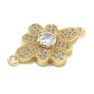 Rack Plating Brass Clear Cubic Zirconia Flower Connector Charms KK-A234-071G-1