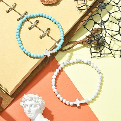 2Pcs 2 Style Natural Howlite & Synthetic Turquoise & 304 Stainless Steel Cross Beaded Stretch Bracelets Set BJEW-JB09465-01-1