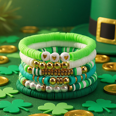 Polymer Clay Heishi Beaded Stretch Bracelets with Brass Beads for Daily Wear and Casual Style JO6865-1-1
