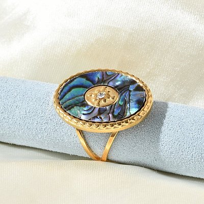 Oval 304 Stainless Steel & Paua Shell & Rhinestone Cuff Rings for Women RJEW-G346-06G-02-1