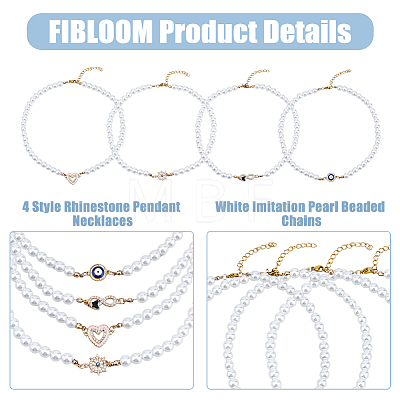 FIBLOOM 4Pcs 4 Style Heart & Evil Eye & Infinity & Helm Brass Rhinestone Pendant Necklaces Set with Imitation Pearl Beaded Chains for Women BJEW-FI0001-30-1
