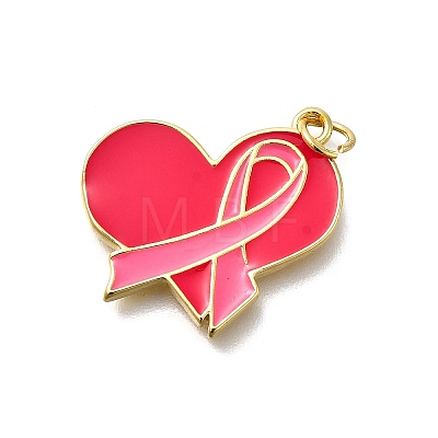 October Breast Cancer Pink Awareness Ribbon Brass Enamel Pendants KK-S517-04C-G-1