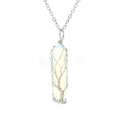 Opalite Double Terminal Pointed Faceted Bullet Copper Wire Wrapped Tree of Life Pendant Alloy Chain Necklaces FS-WG07FDC-09-1