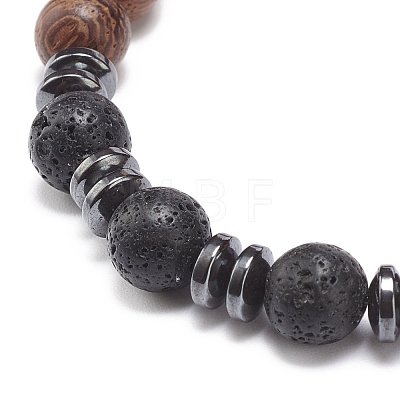 Natural Lava Rock & Wood Beaded Stretch Bracelet BJEW-JB08536-1