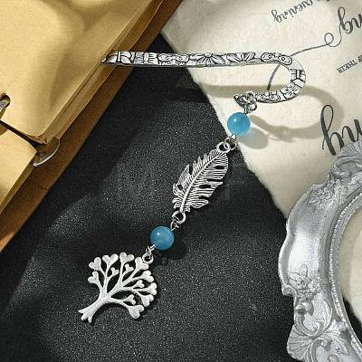 Tree of Life Feather Tibetan Style Alloy Pendant Bookmark with Cat Eye AJEW-JK00277-01-1