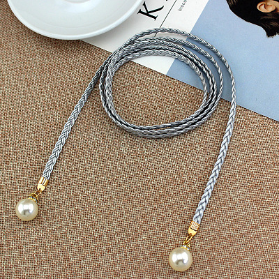 Imitation Leather Braided Belly Belt with Plastic Imitation Pearl Round Bead WG11EBA-07-1