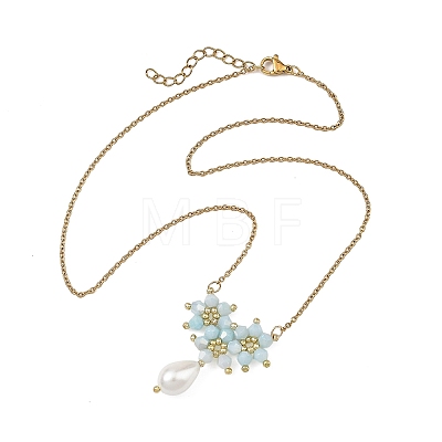 Electroplate Glass Beaded Flower Teardrop Pendant 304 Stainless Steel Cable Chain Necklaces NJEW-MZ00156-03-1